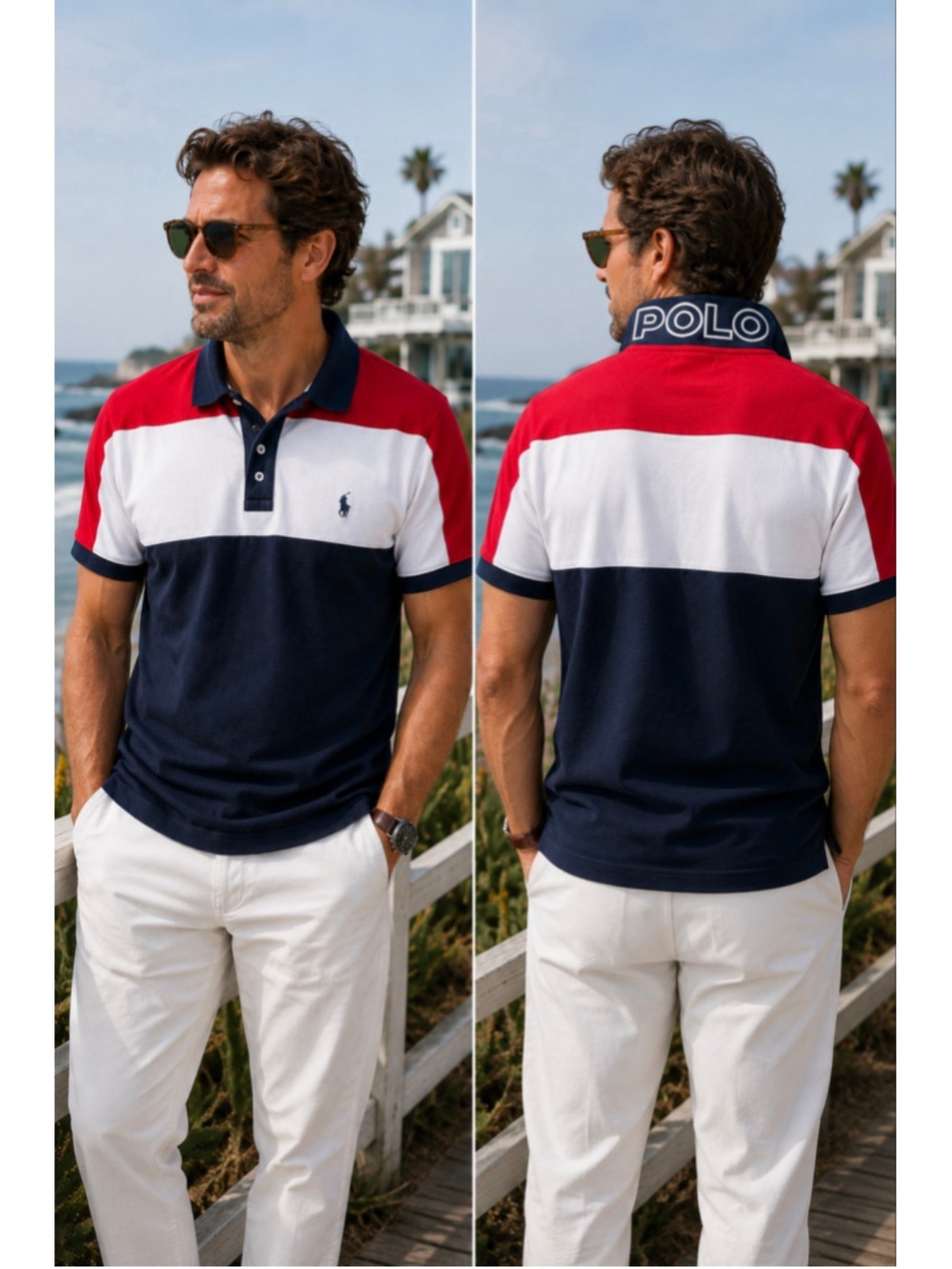 Polo Ralph Lauren Classic Fit Color Block Polo Shirt Red White Blue Flip Collar